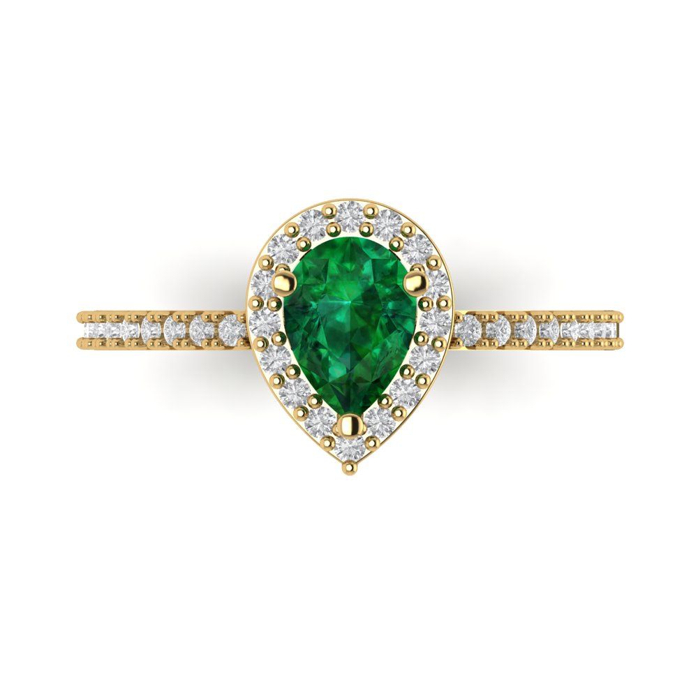 0.755 cttw Simulated Emerald Solitaire with Zirconia Simulated Diamond Accents Engagement Ring - Solid Gold (Pear Cut,7x5mm )
