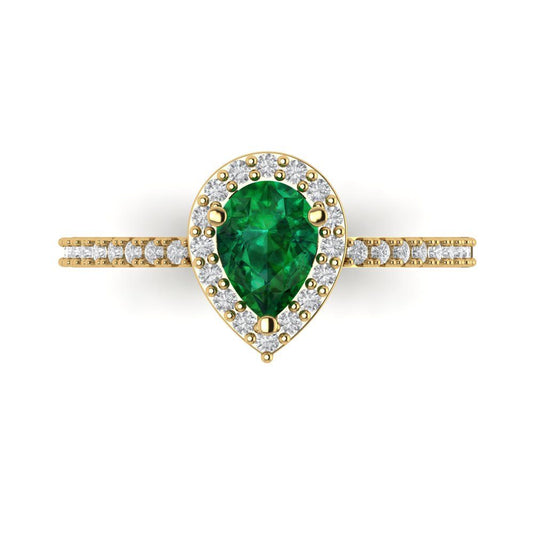 0.755 cttw Simulated Emerald Solitaire with Zirconia Simulated Diamond Accents Engagement Ring - Solid Yellow Gold (VVS1, Pear Cut,7x5mm )