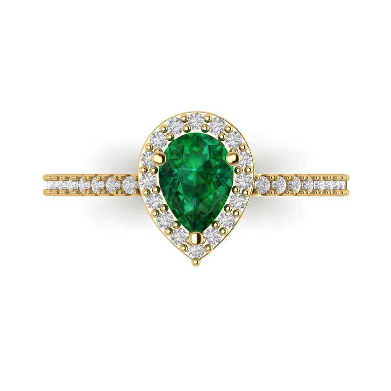 0.8 ct Brilliant Pear Cut Simulated Emerald Stone Yellow Gold Halo Solitaire with Accents Ring