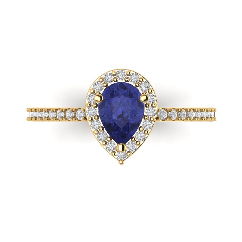 0.755 cttw Simulated Tanzanite Solitaire with Zirconia Simulated Diamond Accents Engagement Ring - Solid Gold (Pear Cut,7x5mm )