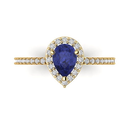 0.755 cttw Simulated Tanzanite Solitaire with Zirconia Simulated Diamond Accents Engagement Ring - Solid Gold (Pear Cut,7x5mm )