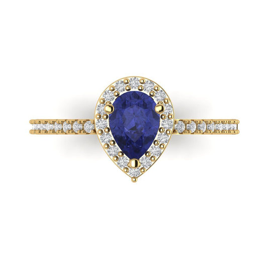 0.755 cttw Simulated Tanzanite Solitaire with Zirconia Simulated Diamond Accents Engagement Ring - Solid Yellow Gold (VVS1, Pear Cut,7x5mm )