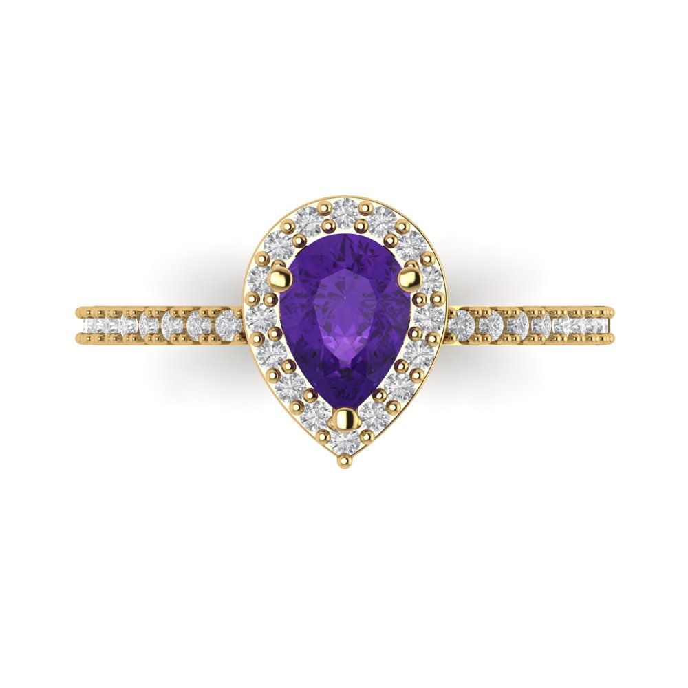 0.755 cttw Natural Amethyst Solitaire with Zirconia Simulated Diamond Accents Engagement Ring - Solid Gold (Pear Cut,7x5mm )