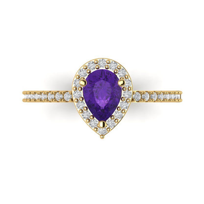 0.755 cttw Natural Amethyst Solitaire with Zirconia Simulated Diamond Accents Engagement Ring - Solid Gold (Pear Cut,7x5mm )