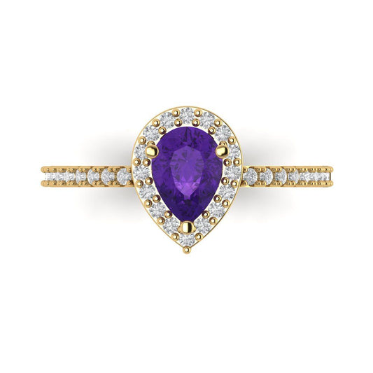 0.755 cttw Natural Amethyst Solitaire with Zirconia Simulated Diamond Accents Engagement Ring - Solid Yellow Gold (VVS1, Pear Cut,7x5mm )