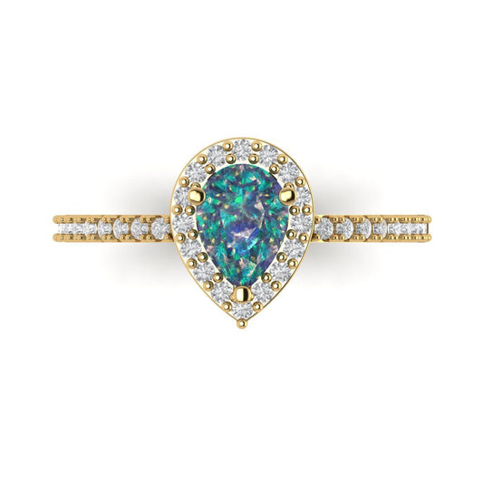 0.755 cttw Blue Moissanite Solitaire with Zirconia Simulated Diamond Accents Engagement Ring - Solid Yellow Gold (VVS1, Pear Cut,7x5mm )