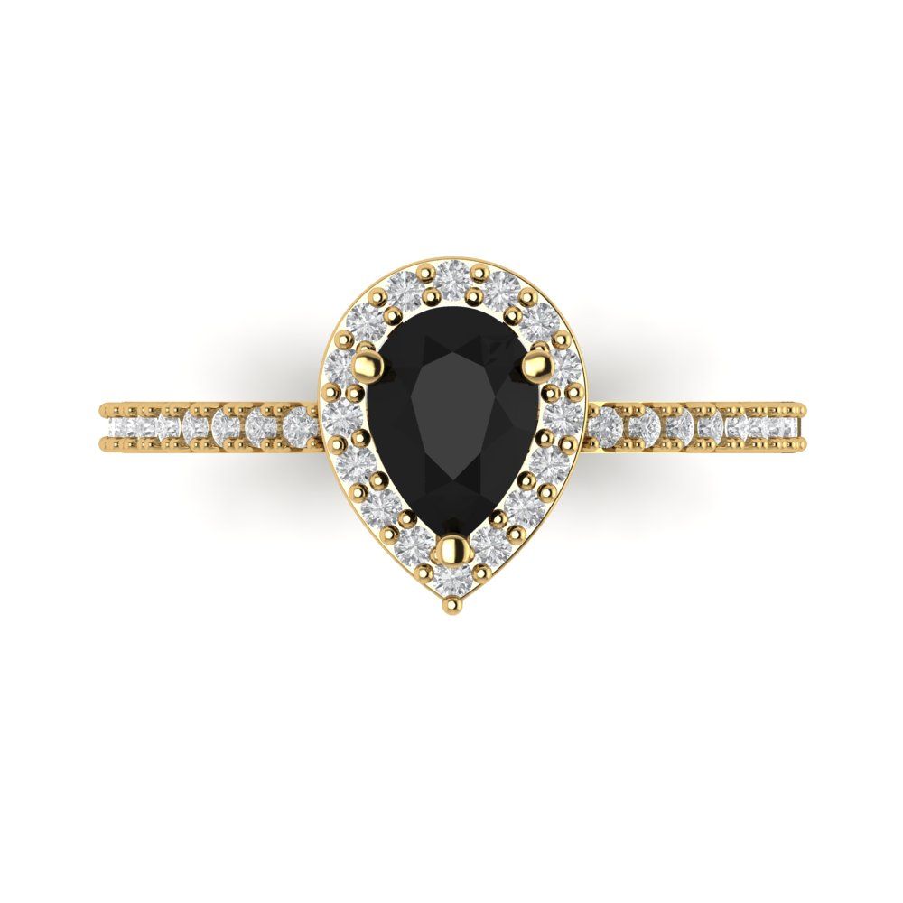 0.755 cttw Natural Onyx Solitaire with Zirconia Simulated Diamond Accents Engagement Ring - Solid Gold (Pear Cut,7x5mm )