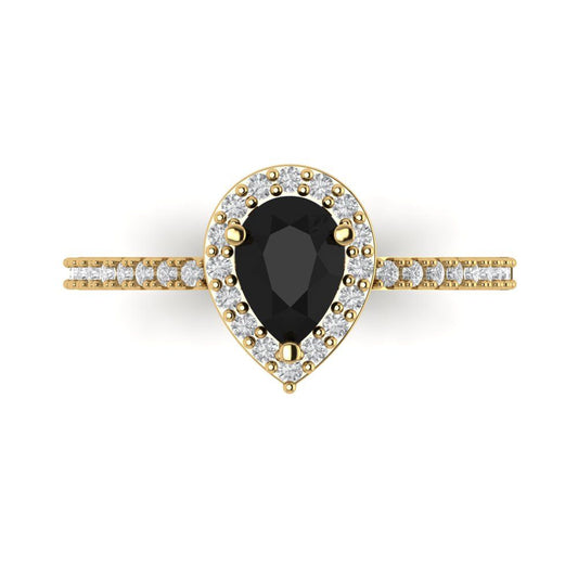 0.755 cttw Natural Onyx Solitaire with Zirconia Simulated Diamond Accents Engagement Ring - Solid Yellow Gold (VVS1, Pear Cut,7x5mm )