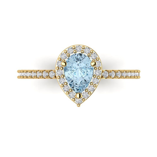0.755 cttw Natural Aquamarine Solitaire with Zirconia Simulated Diamond Accents Engagement Ring - Solid Yellow Gold (VVS1, Pear Cut,7x5mm )