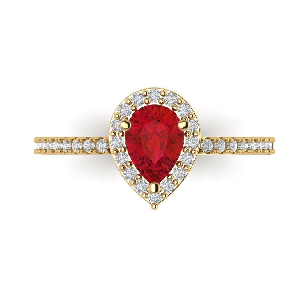 0.755 cttw Simulated Ruby Solitaire with Zirconia Simulated Diamond Accents Engagement Ring - Solid Yellow Gold (VVS1, Pear Cut,7x5mm )