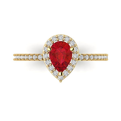 0.755 cttw Simulated Ruby Solitaire with Zirconia Simulated Diamond Accents Engagement Ring - Solid Yellow Gold (VVS1, Pear Cut,7x5mm )
