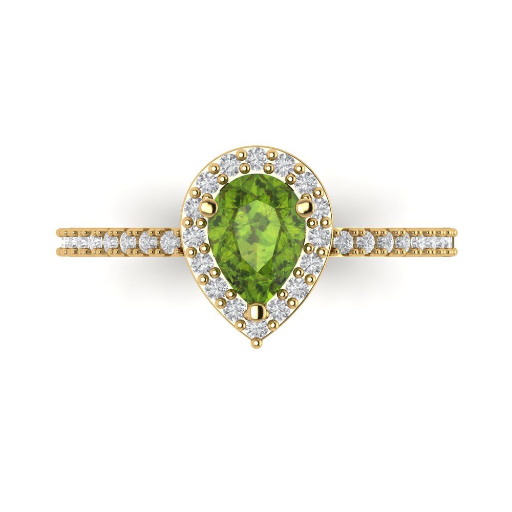 0.755 cttw Natural Peridot Solitaire with Zirconia Simulated Diamond Accents Engagement Ring - Solid Gold (Pear Cut,7x5mm )