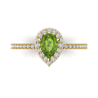 0.755 cttw Natural Peridot Solitaire with Zirconia Simulated Diamond Accents Engagement Ring - Solid Gold (Pear Cut,7x5mm )