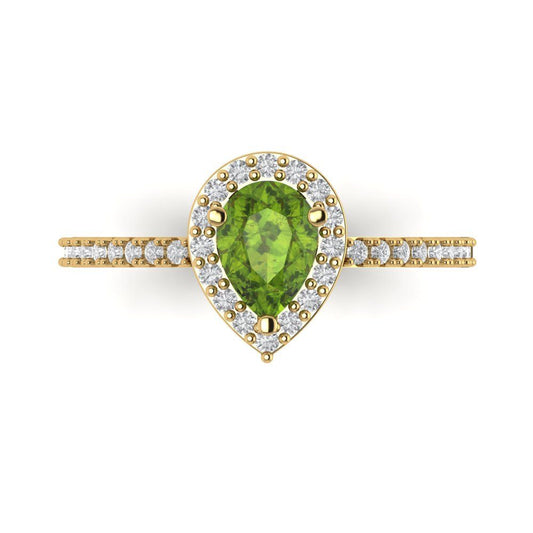 0.755 cttw Natural Peridot Solitaire with Zirconia Simulated Diamond Accents Engagement Ring - Solid Yellow Gold (VVS1, Pear Cut,7x5mm )
