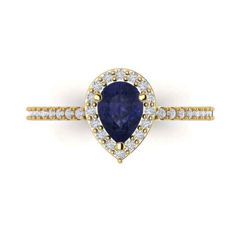 0.755 cttw Simulated Blue Sapphire Solitaire with Zirconia Simulated Diamond Accents Engagement Ring - Solid Gold (Pear Cut,7x5mm )