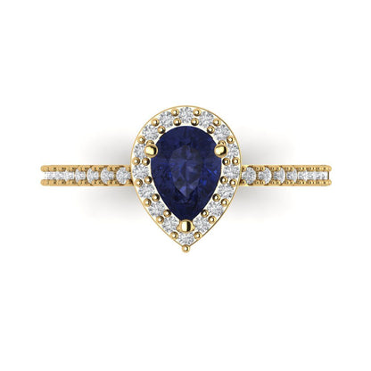0.755 cttw Simulated Blue Sapphire Solitaire with Zirconia Simulated Diamond Accents Engagement Ring - Solid Gold (Pear Cut,7x5mm )