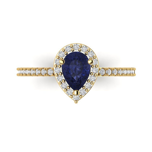 0.755 cttw Simulated Blue Sapphire Solitaire with Zirconia Simulated Diamond Accents Engagement Ring - Solid Yellow Gold (VVS1, Pear Cut,7x5mm )