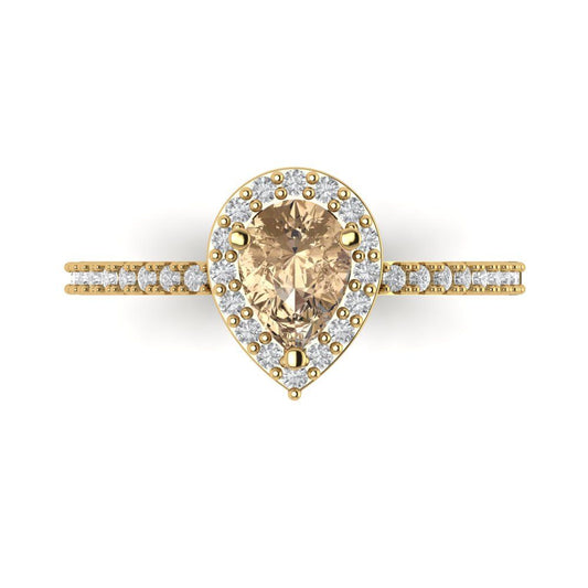 0.755 cttw Yellow Moissanite Solitaire with Zirconia Simulated Diamond Accents Engagement Ring - Solid Yellow Gold (VVS1, Pear Cut,7x5mm )