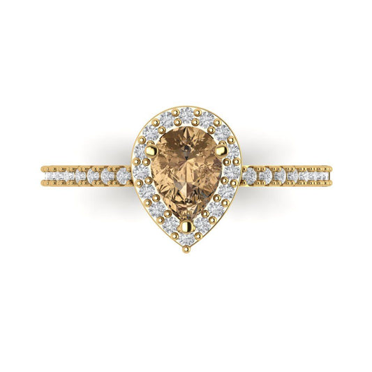 0.755 cttw Zirconia Simulated Champagne Diamond Solitaire with Zirconia Simulated Diamond Accents Engagement Ring - Solid Yellow Gold (VVS1, Pear Cut,7x5mm )