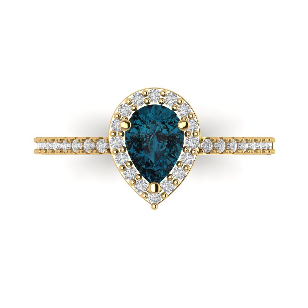 0.755 cttw Natural London Blue Topaz Solitaire with Zirconia Simulated Diamond Accents Engagement Ring - Solid Gold (Pear Cut,7x5mm )