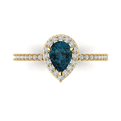 0.755 cttw Natural London Blue Topaz Solitaire with Zirconia Simulated Diamond Accents Engagement Ring - Solid Gold (Pear Cut,7x5mm )