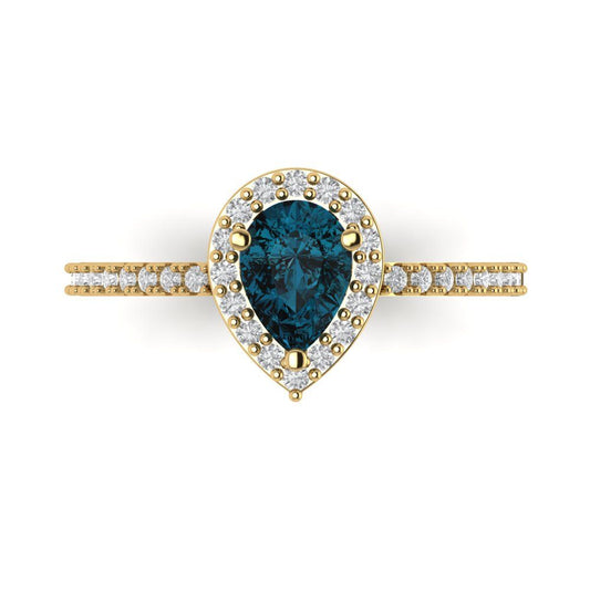 0.755 cttw Natural London Blue Topaz Solitaire with Zirconia Simulated Diamond Accents Engagement Ring - Solid Yellow Gold (VVS1, Pear Cut,7x5mm )