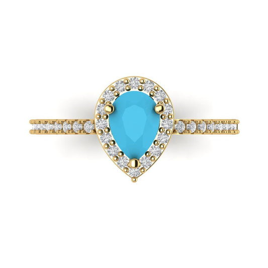 0.755 cttw Simulated Turquoise Solitaire with Zirconia Simulated Diamond Accents Engagement Ring - Solid Yellow Gold (VVS1, Pear Cut,7x5mm )