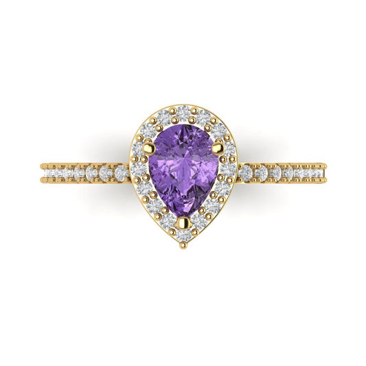0.755 cttw Simulated Alexandrite Solitaire with Zirconia Simulated Diamond Accents Engagement Ring - Solid Yellow Gold (VVS1, Pear Cut,7x5mm )