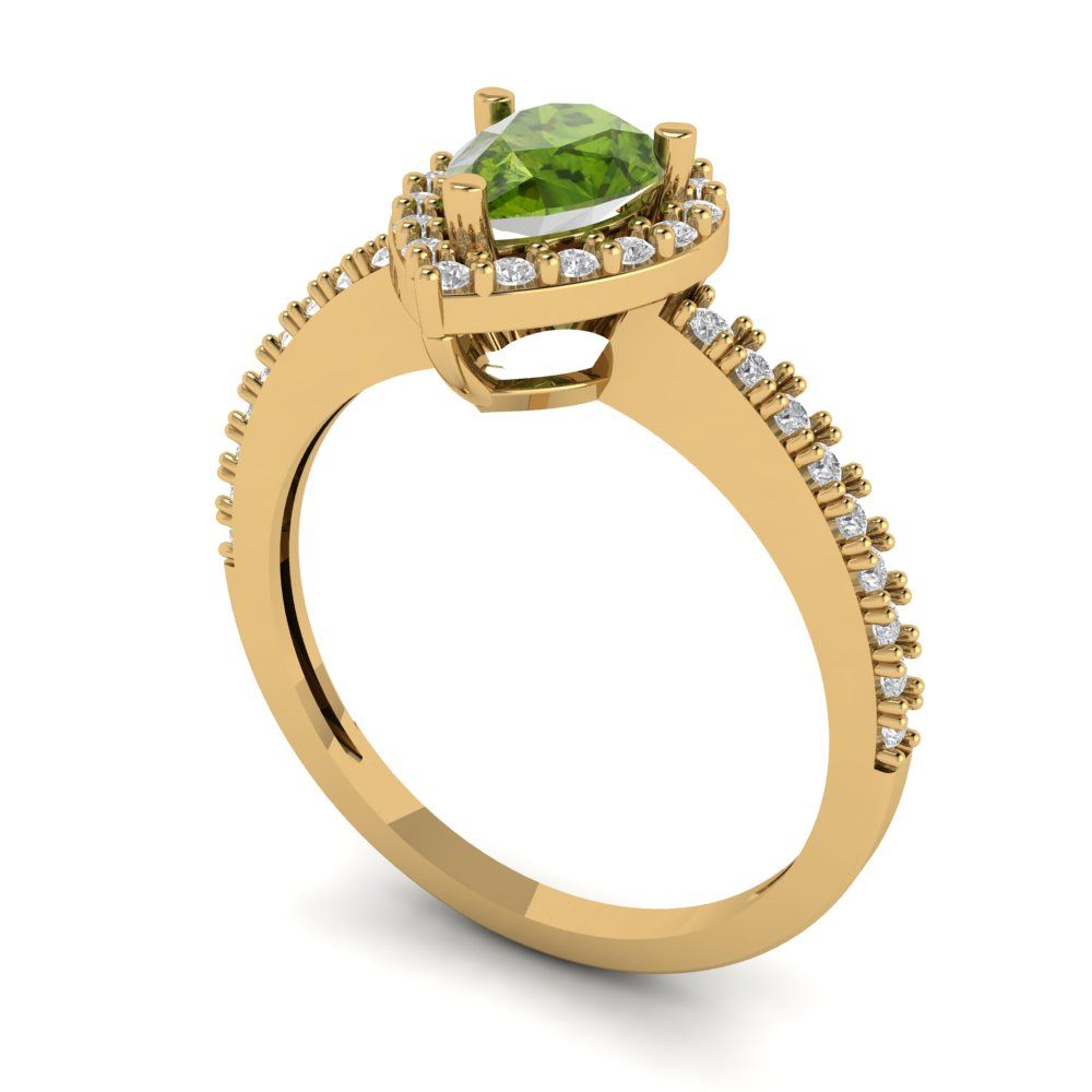 0.755 cttw Natural Peridot Solitaire with Zirconia Simulated Diamond Accents Engagement Ring - Solid Gold (Pear Cut,7x5mm )