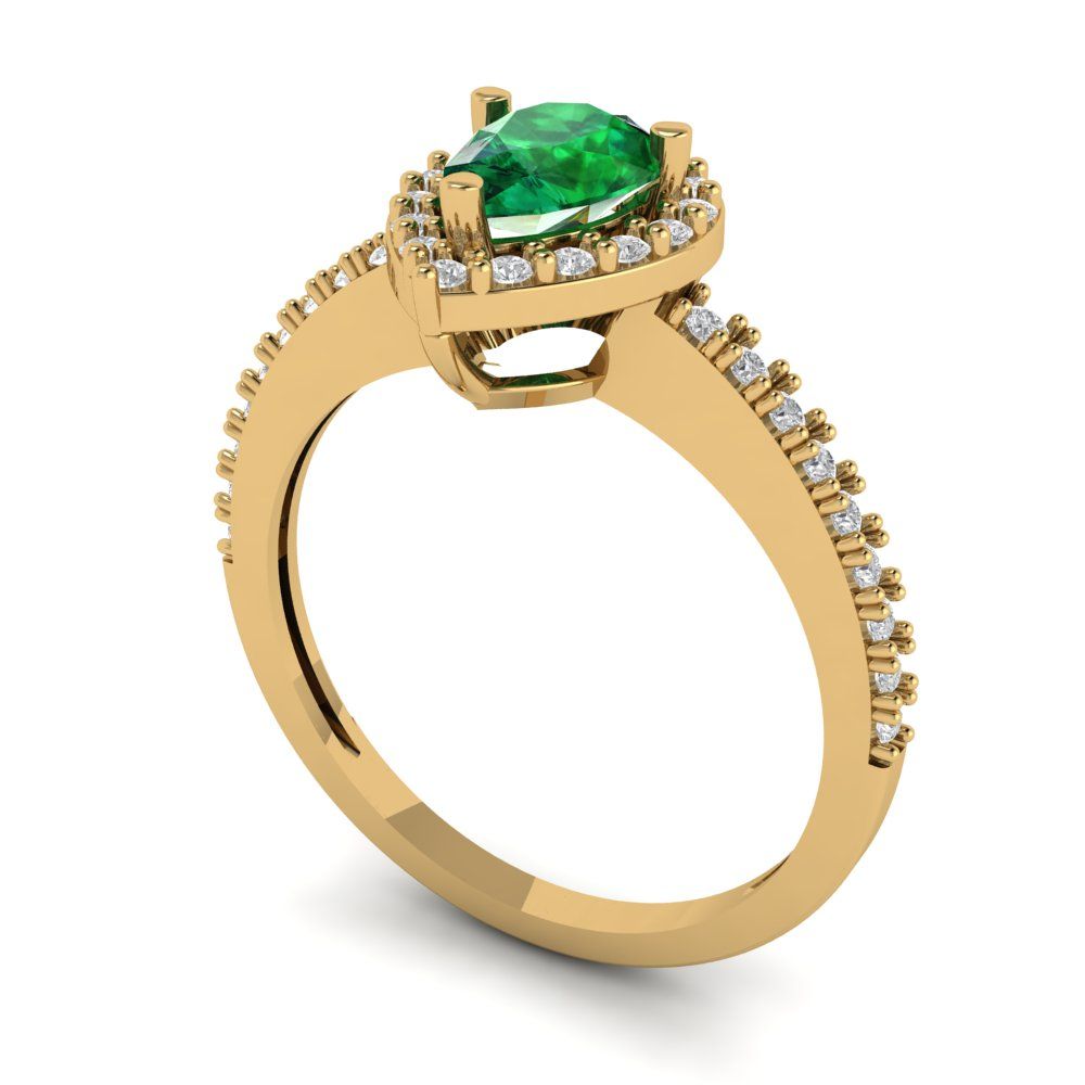 0.755 cttw Simulated Emerald Solitaire with Zirconia Simulated Diamond Accents Engagement Ring - Solid Gold (Pear Cut,7x5mm )