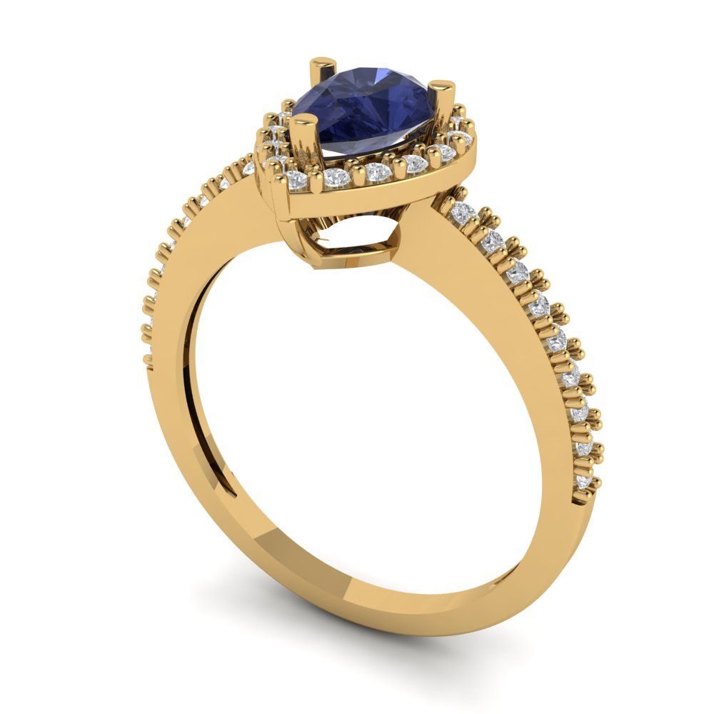 0.755 cttw Simulated Blue Sapphire Solitaire with Zirconia Simulated Diamond Accents Engagement Ring - Solid Gold (Pear Cut,7x5mm )