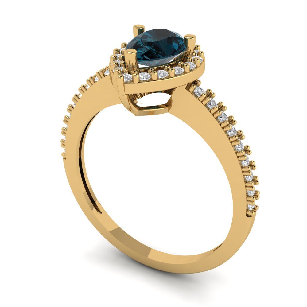 0.755 cttw Natural London Blue Topaz Solitaire with Zirconia Simulated Diamond Accents Engagement Ring - Solid Gold (Pear Cut,7x5mm )