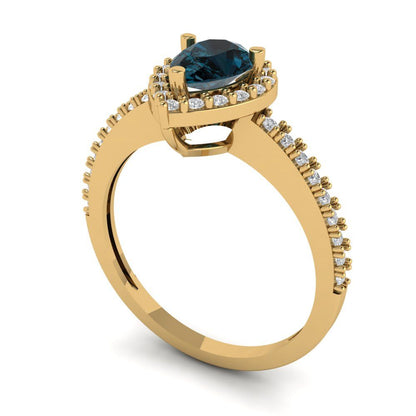 0.755 cttw Natural London Blue Topaz Solitaire with Zirconia Simulated Diamond Accents Engagement Ring - Solid Gold (Pear Cut,7x5mm )