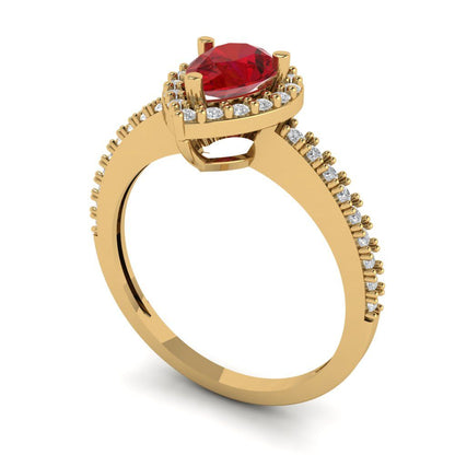 0.755 cttw Simulated Ruby Solitaire with Zirconia Simulated Diamond Accents Engagement Ring - Solid Yellow Gold (VVS1, Pear Cut,7x5mm )