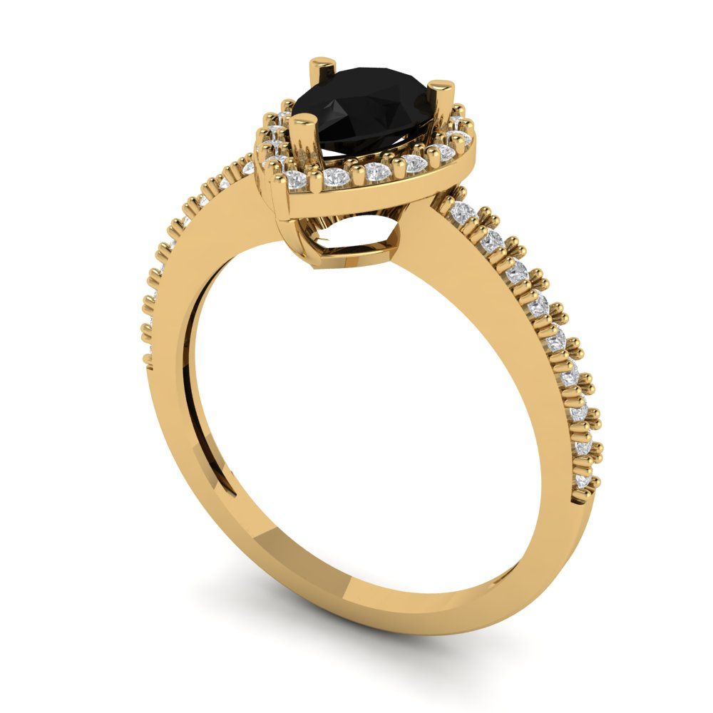 0.755 cttw Natural Onyx Solitaire with Zirconia Simulated Diamond Accents Engagement Ring - Solid Gold (Pear Cut,7x5mm )