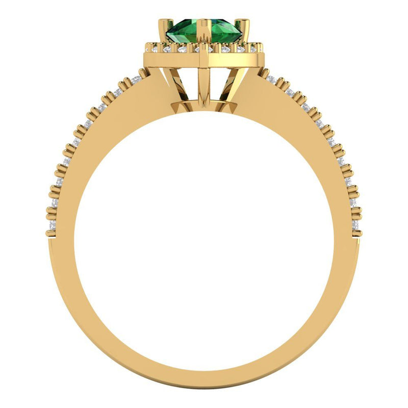 0.8 ct Brilliant Pear Cut Simulated Emerald Stone Yellow Gold Halo Solitaire with Accents Ring