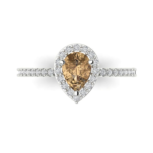 0.755 cttw Zirconia Simulated Champagne Diamond Solitaire with Zirconia Simulated Diamond Accents Engagement Ring - Solid White Gold (VVS1, Pear Cut,7x5mm )