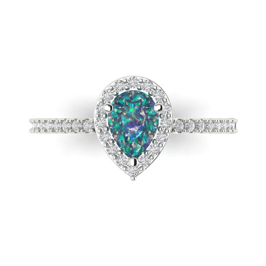 0.755 cttw Blue Moissanite Solitaire with Zirconia Simulated Diamond Accents Engagement Ring - Solid White Gold (VVS1, Pear Cut,7x5mm )