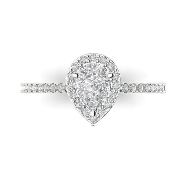 0.8 ct Brilliant Pear Cut White Sapphire Stone White Gold Halo Solitaire with Accents Ring