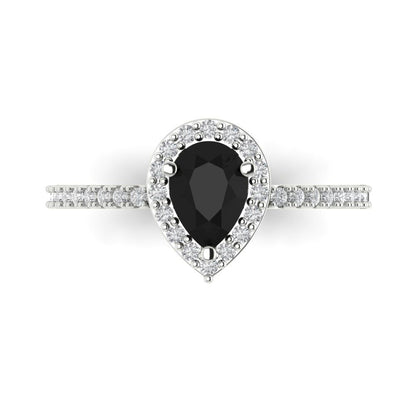 0.755 cttw Natural Onyx Solitaire with Zirconia Simulated Diamond Accents Engagement Ring - Solid Gold (Pear Cut,7x5mm )