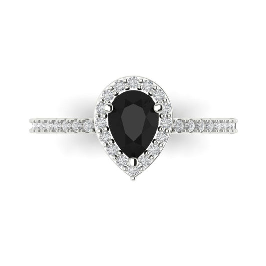 0.755 cttw Natural Onyx Solitaire with Zirconia Simulated Diamond Accents Engagement Ring - Solid White Gold (VVS1, Pear Cut,7x5mm )