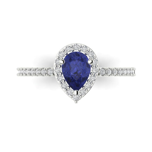 0.755 cttw Simulated Tanzanite Solitaire with Zirconia Simulated Diamond Accents Engagement Ring - Solid White Gold (VVS1, Pear Cut,7x5mm )