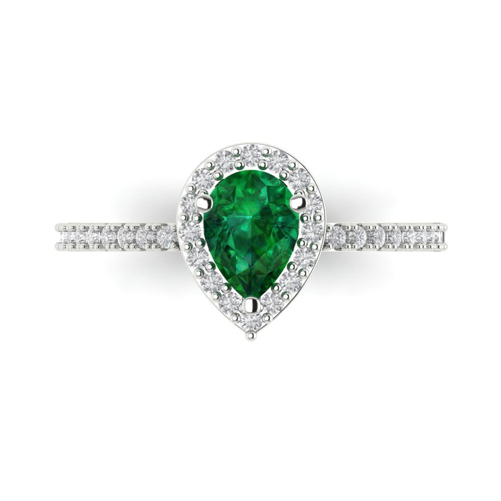 0.755 cttw Simulated Emerald Solitaire with Zirconia Simulated Diamond Accents Engagement Ring - Solid Gold (Pear Cut,7x5mm )