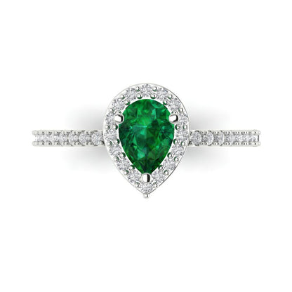 0.755 cttw Simulated Emerald Solitaire with Zirconia Simulated Diamond Accents Engagement Ring - Solid Gold (Pear Cut,7x5mm )