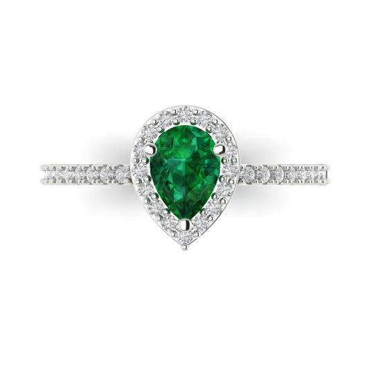 0.755 cttw Simulated Emerald Solitaire with Zirconia Simulated Diamond Accents Engagement Ring - Solid White Gold (VVS1, Pear Cut,7x5mm )