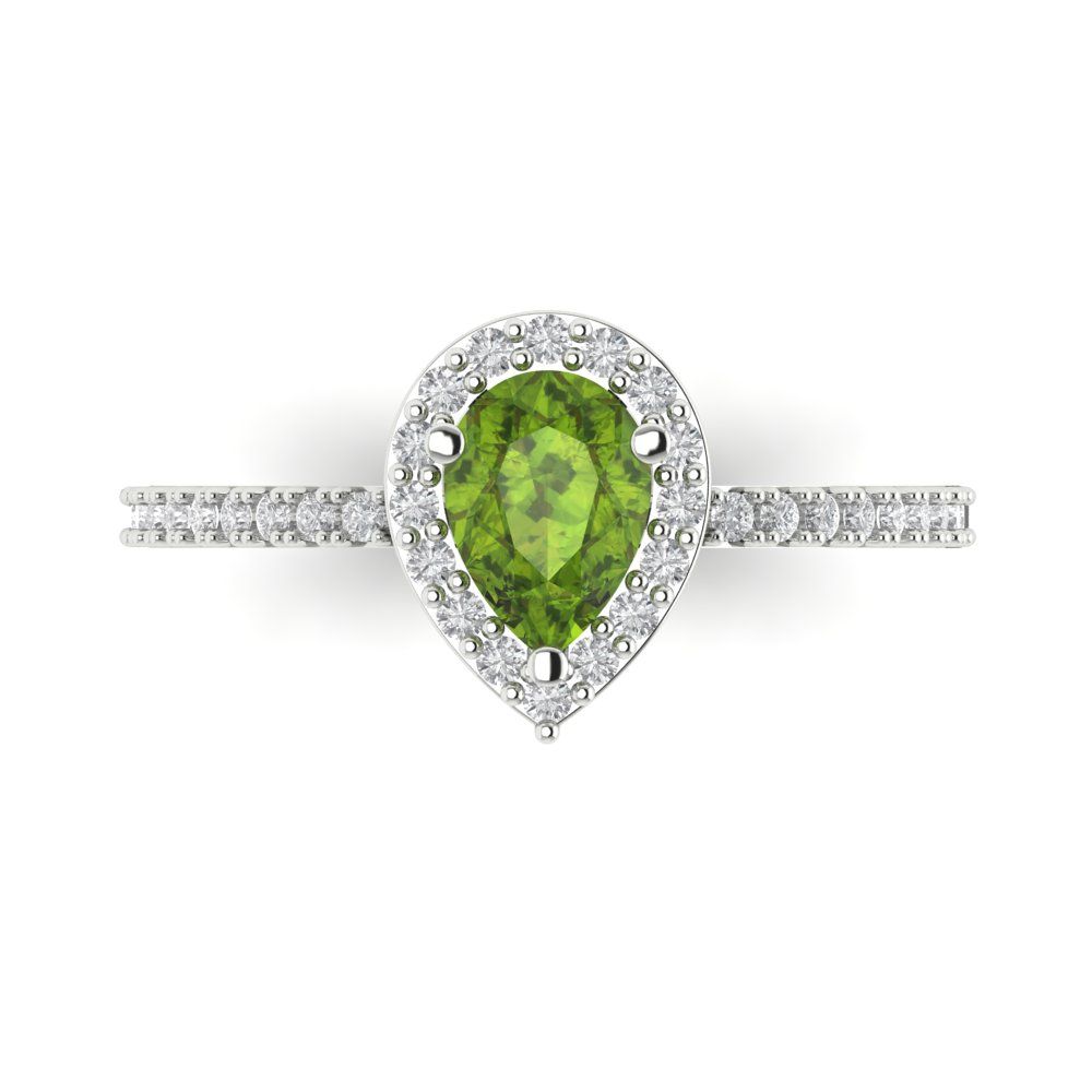 0.755 cttw Natural Peridot Solitaire with Zirconia Simulated Diamond Accents Engagement Ring - Solid Gold (Pear Cut,7x5mm )