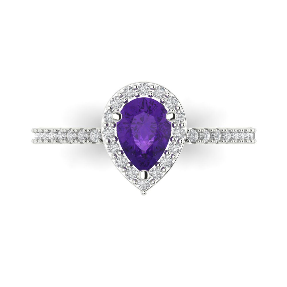 0.755 cttw Natural Amethyst Solitaire with Zirconia Simulated Diamond Accents Engagement Ring - Solid Gold (Pear Cut,7x5mm )