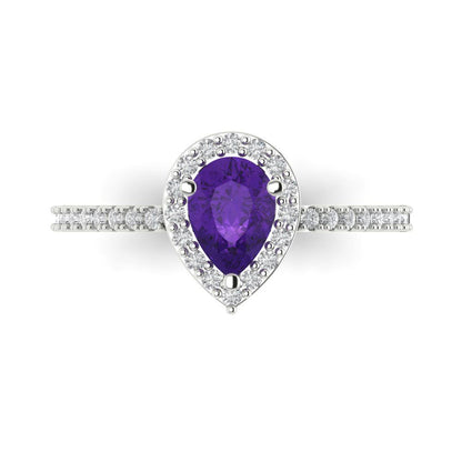 0.755 cttw Natural Amethyst Solitaire with Zirconia Simulated Diamond Accents Engagement Ring - Solid Gold (Pear Cut,7x5mm )