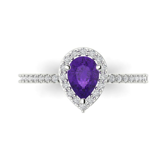 0.755 cttw Natural Amethyst Solitaire with Zirconia Simulated Diamond Accents Engagement Ring - Solid White Gold (VVS1, Pear Cut,7x5mm )