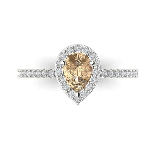 0.755 cttw Yellow Moissanite Solitaire with Zirconia Simulated Diamond Accents Engagement Ring - Solid White Gold (VVS1, Pear Cut,7x5mm )